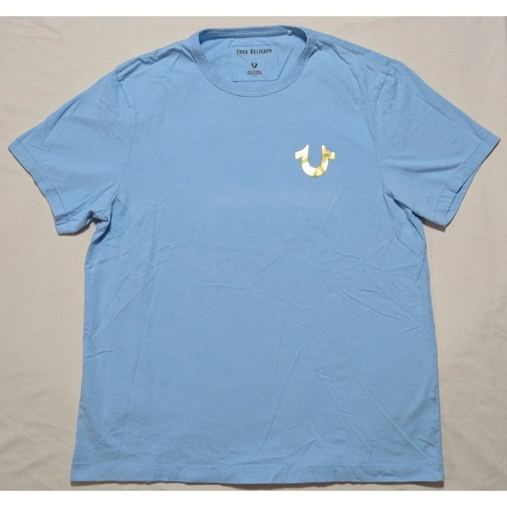 True Religion Gold Foil Buddha T-Shirt - Men XL Light Blue‎ Double-Sided